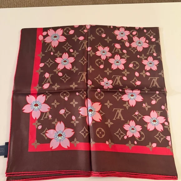 Louis Vuitton x Takashi Murakami Cherry Blossom Silk Scarf Brown Pink Monogram - Picture 5 of 8